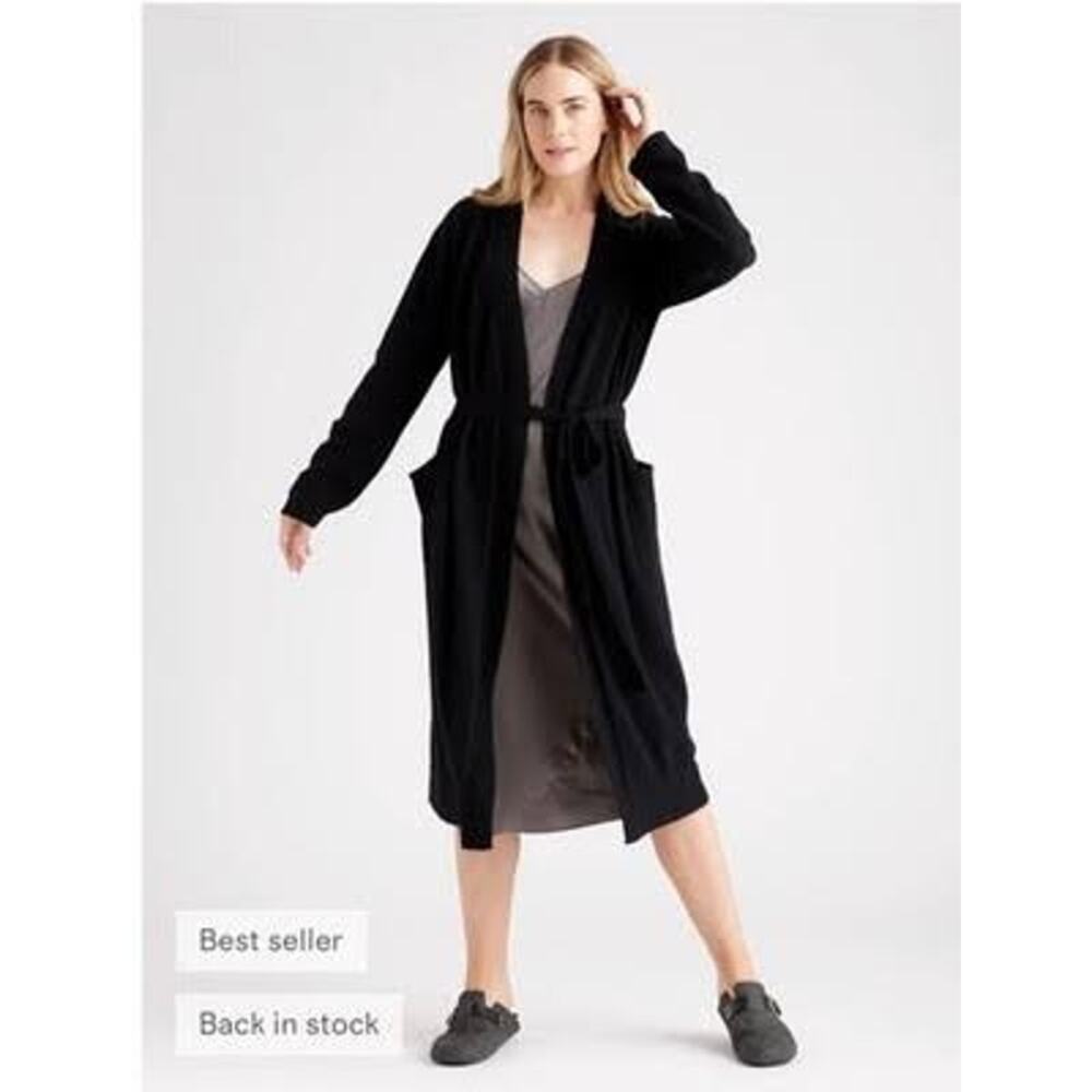S Small Quince Mongolian Cashmere Long Robe Black Duster Cardigan Sweater